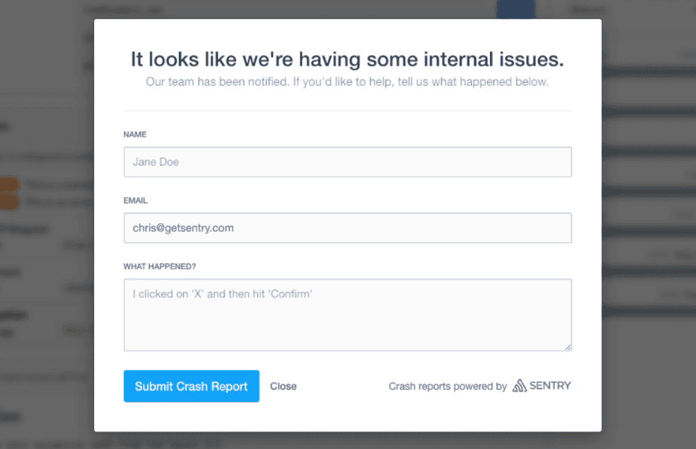 An example of a Crash-Report modal with text boxes for user name, email, and additional details about the break.